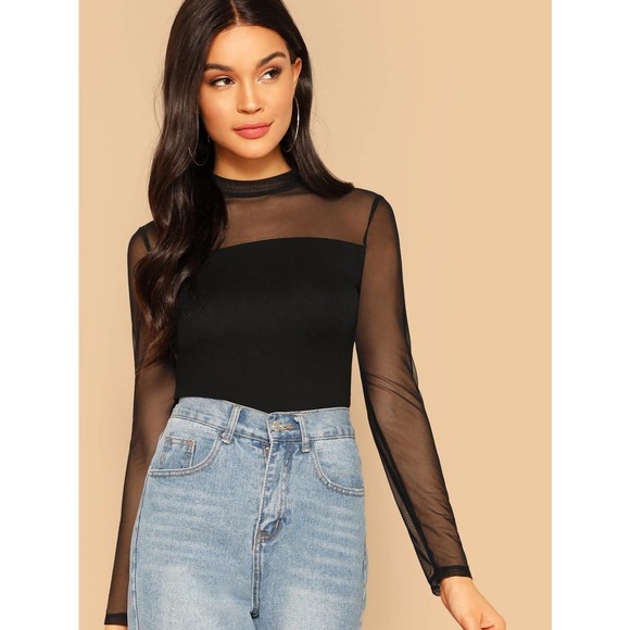 Long sleeve black Sheer Mesh Yoke Mock Neck Top - Picture 1 of 5